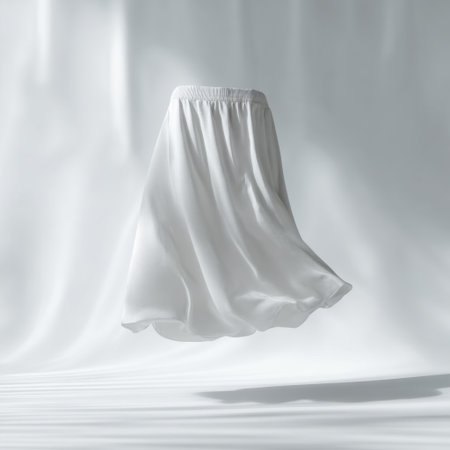 A delicate white dress gracefully floats in soft light, creating a serene and minimalist aesthetic perfect for fashion-themed projects or artistic presentations.の素材