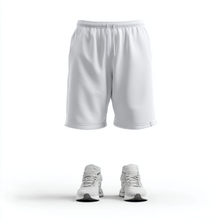 This image features white athletic shorts paired with sporty sneakers, perfect for a fitness or casual outfit. Ideal for showcasing active lifestyle themes.の素材