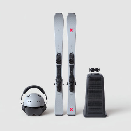 High-quality snow sports equipment displayed on a clean background. Features skis, bindings, a sleek helmet, and a convenient ski boot holder for outdoor enthusiasts.の素材