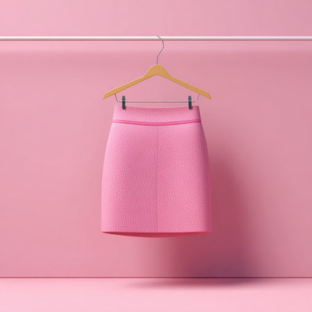 A stylish pink skirt suspended on a hanger presents a fresh and modern touch to any wardrobe. This minimalist fashion display highlights contemporary design trends.の素材
