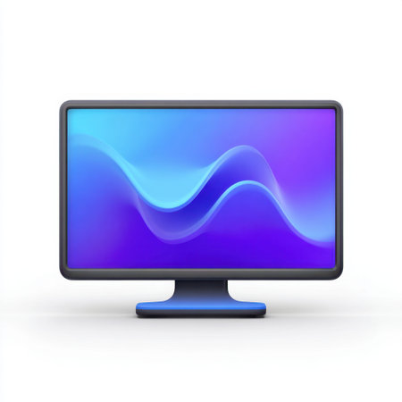 A sleek computer monitor displays a stunning abstract wallpaper with smooth waves of blue and purple, adding a touch of modern elegance to any workspace.の素材
