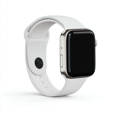 A stylish smartwatch featuring a clean white band and a blank screen. Ideal for showcasing minimalist and modern technology themes in various contexts.の素材