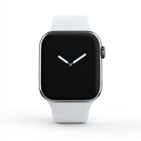 This image captures a modern smartwatch featuring a sleek design and minimalist aesthetic. The device showcases functionality and elegance on a white background, ideal for tech-focused projects.の素材