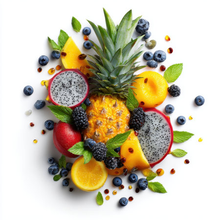 A stunning arrangement of exotic fruits including pineapple, dragon fruit, and various berries, garnished with fresh mint, showcasing vibrant colors and freshness.の素材