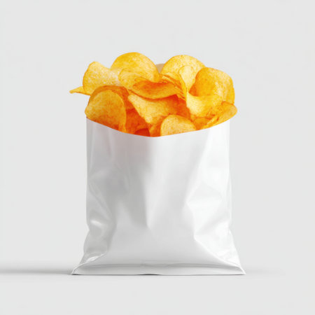 A collection of crispy orange potato chips nestled in a pristine white snack bag, perfect for enticing anyone seeking a quick and tasty treat.の素材