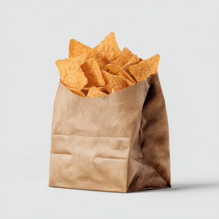 A brown paper bag filled with golden tortilla chips, perfect for parties or casual snacking. Ideal for sharing with friends or enjoying solo.の素材
