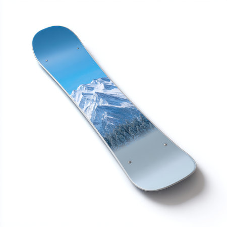This unique snowboard features a stunning mountain landscape design, ideal for winter sports enthusiasts who love adventure and the great outdoors.の素材