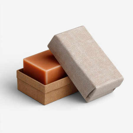 This image features a beautifully packaged natural soap bar inside a textured box, ideal for a minimalist or spa-inspired aesthetic. Perfect for gifts.の素材