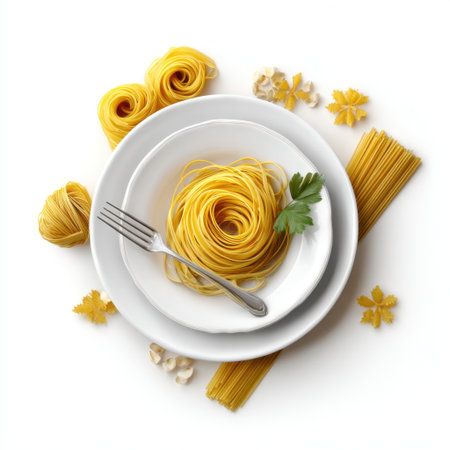 A beautiful presentation of fresh pasta on a white plate, accompanied by vibrant pasta shapes and aromatic herbs, ideal for cooking enthusiasts.の素材