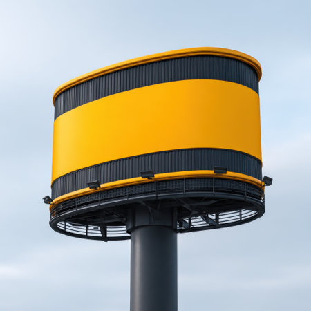 This image showcases a bright yellow advertising billboard featuring a blank space, perfect for promotional content. Set against a cloudy sky, it embodies urban marketing potential.の素材