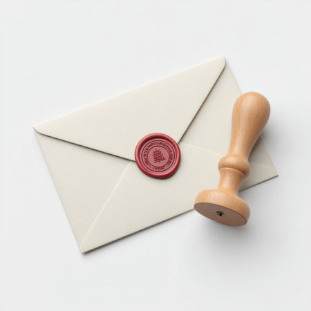 This image showcases a classic white envelope sealed with a striking red wax seal and a wooden stamp, embodying elegance and sophistication in stationery design.の素材