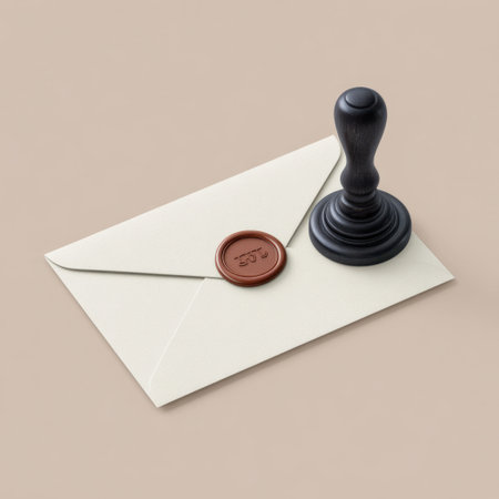 This image showcases a classic envelope accompanied by a wax seal and stamp, set against a light brown surface, perfect for vintage-themed projects.の素材