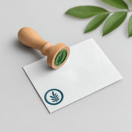 Showcase a beautifully crafted wooden stamp featuring a leaf design on a clean card, surrounded by vibrant green foliage, ideal for branding or artistic projects.の素材