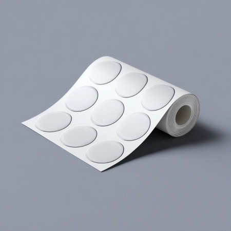 This image features a roll of blank adhesive labels ready for customization. Ideal for various labeling projects, these round white labels offer versatility and ease of use in both home and office environments.の素材