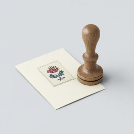 A beautifully crafted wooden stamp rests on a piece of textured paper, featuring a delicate floral design. Ideal for creative crafts and artistic projects.の素材