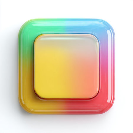 This image features a colorful glossy square button with a vibrant gradient finish, ideal for web design and user interface applications.の素材