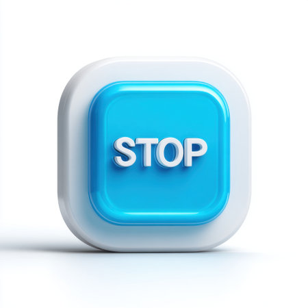 This image features a bright blue square stop button with rounded edges set against a clean white background, ideal for conveying clear warnings or notifications.の素材
