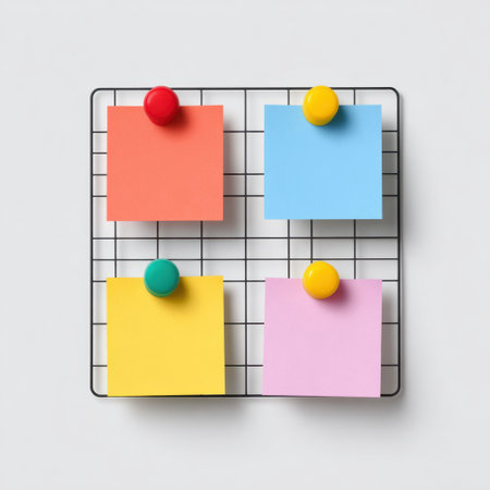 This image features colorful sticky notes arranged neatly on a wire grid, ideal for office organization and sparking creative ideas. Perfect for planners or creative folks.の素材