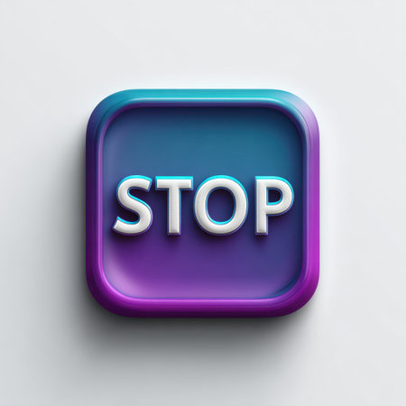 This image showcases a vibrant 3D stop button icon featuring a colorful gradient finish. Ideal for UI design and digital applications, it emphasizes alertness and interaction.の素材