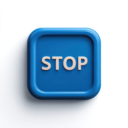 This image features a blue stop button with a 3D effect on a clean white background. It symbolizes caution and warning in various digital communications and designs.の素材