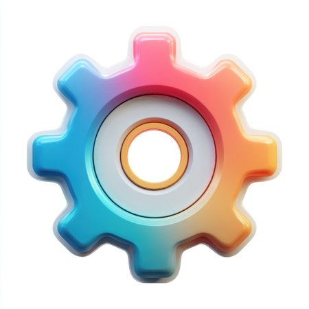 This vibrant 3D gear icon features a striking gradient design, illustrating themes of technology, innovation, and creativity in a contemporary style.の素材