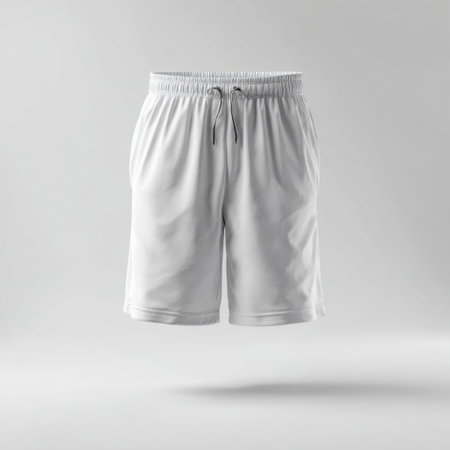 A pair of white athletic shorts showcasing a sleek and modern design, ideal for fitness training or casual wear. Perfect for both men and women.の素材