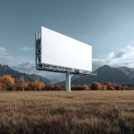 A serene outdoor scene featuring an empty billboard set against a beautiful mountainous backdrop and clear sky. Ideal for showcasing promotional content.の素材