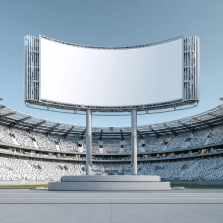 This image showcases a modern outdoor stadium featuring a large empty screen, perfect for event announcements and numerous engagement activities.の素材