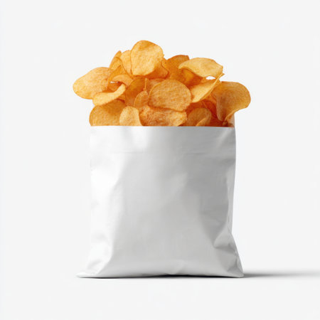 This image showcases a plain white bag filled with crispy golden potato chips, ideal for any snack lover looking for tasty indulgence.の素材