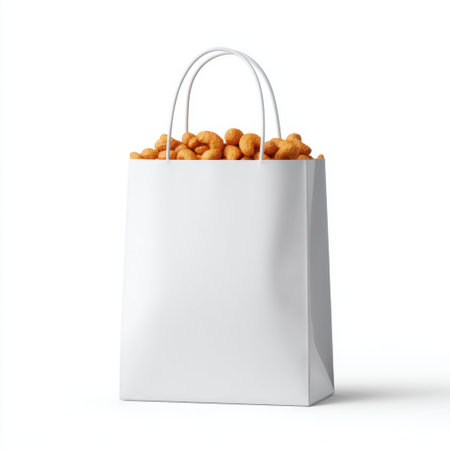 A pristine white paper bag filled with crispy golden snack treats, perfect for illustrating casual dining, party themes, or fast food concepts in a minimalist setting.の素材