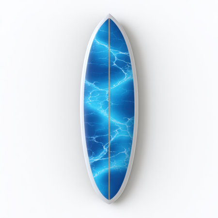 This vibrant blue surfboard showcases unique wave patterns, perfect for water sports enthusiasts looking for stylish equipment for memorable beach adventures.の素材
