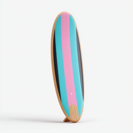 A colorful surfboard stands upright against a clean backdrop, showcasing its striking design, lightweight wood, and vivid colors, perfect for summer vibes.の素材