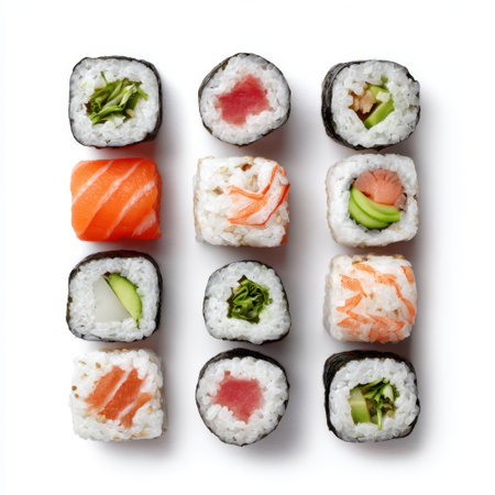 This image showcases a beautifully arranged selection of sushi rolls featuring vibrant colors and textures. Perfect for food enthusiasts or culinary professionals, it highlights fresh ingredients.の素材