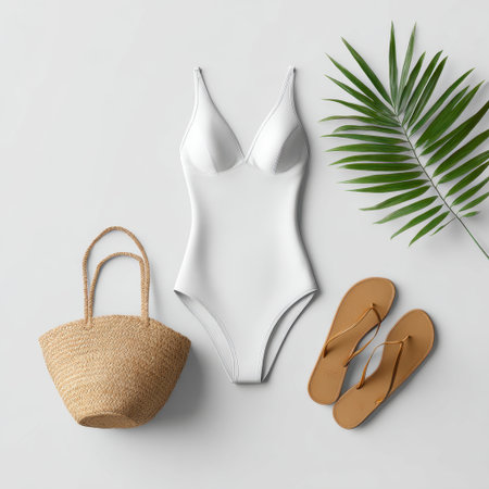A stylish white swimsuit arranged with a straw bag and sandals on a table, accented by green palm leaves, perfect for summer vibes and beach outings.の素材