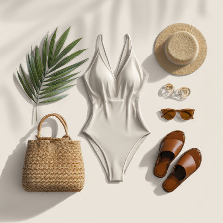 A stylish white swimsuit paired with chic accessories including sunglasses, sandals, a straw hat, and a palm leaf, perfect for summer beach days.の素材