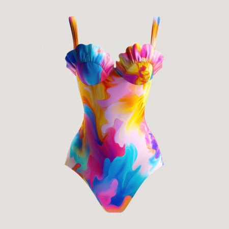 This image features a vibrant and colorful abstract swimsuit design, showcasing swirls and soft straps, perfect for summer beachwear and fashion.の素材