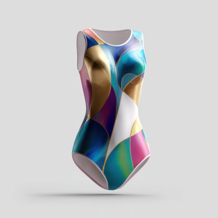 This striking swimsuit features vibrant abstract patterns in blue, gold, and pink tones, showcasing a modern aesthetic ideal for fashion and lifestyle promotions.の素材
