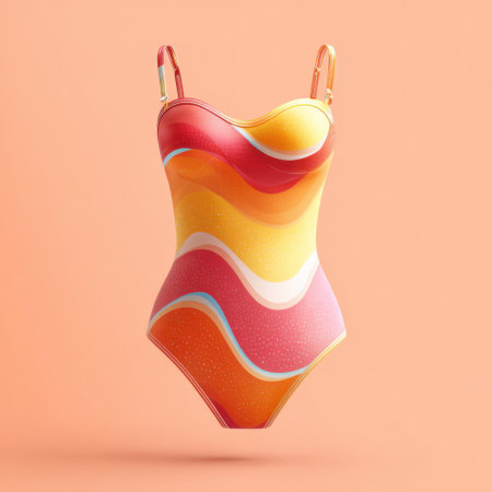 This vibrant swimsuit design showcases playful waves of color on a soft orange background, perfect for summer fashion and beach fun.の素材