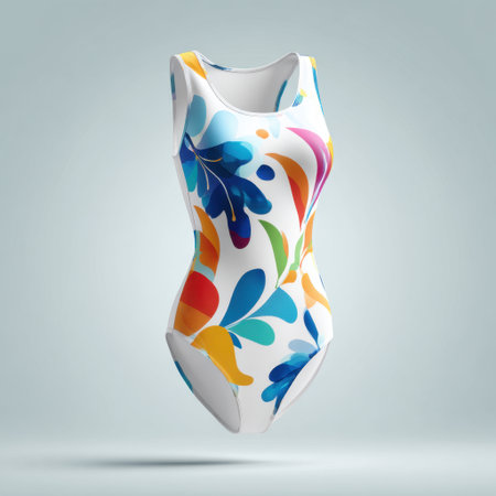 A vibrant swimsuit featuring a colorful floral design, perfect for summer activities, beach outings, or pool parties. The eye-catching pattern adds a cheerful touch to any swimwear collection.の素材