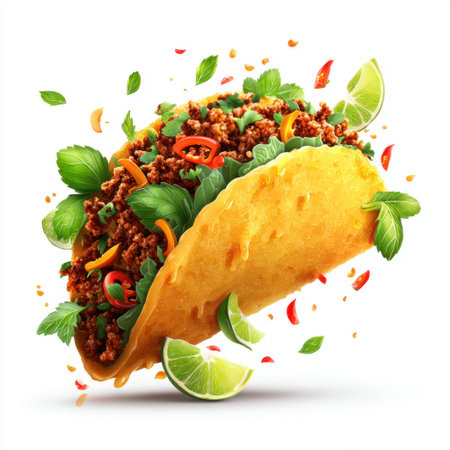 A vibrant taco bursting with seasoned meat, fresh lettuce, herbs, and lime, showcasing the best of culinary delights in a visually appealing way.の素材