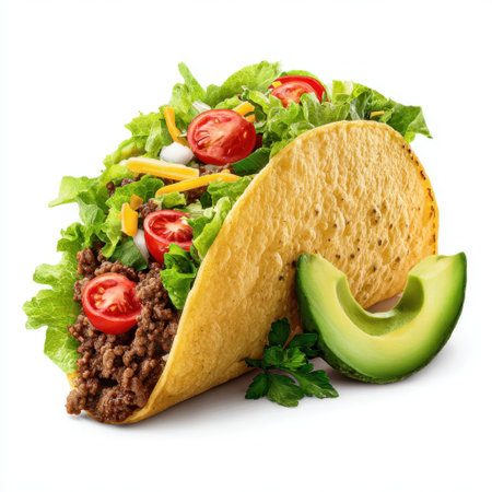 A vibrant taco filled with seasoned ground beef, fresh lettuce, juicy cherry tomatoes, and cheese, complemented by an avocado slice, perfect for any meal.の素材