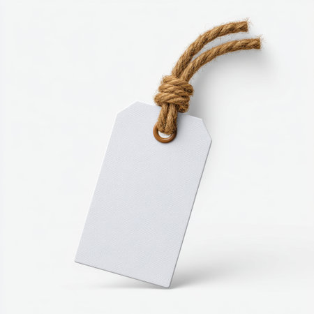 This image features a blank price tag with brown twine on a clean white background, ideal for labeling, branding, or crafting projects. Perfect for retail uses.の素材