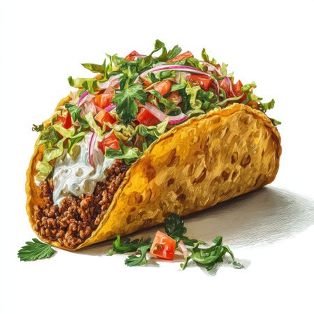 An appetizing taco showcasing vibrant ingredients like fresh lettuce, diced tomatoes, and savory beef, perfect for any occasion or gathering.の素材