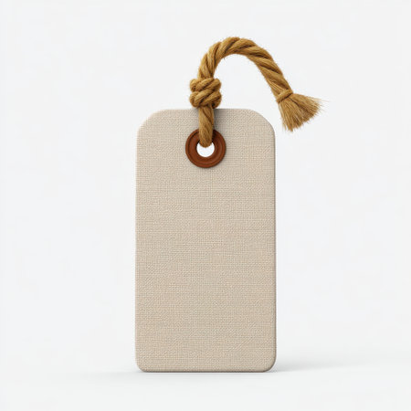 A blank fabric tag featuring a rope loop, ideal for customizing labels and tags in marketing, craft, and retail contexts. Perfect for showcasing your brand.の素材