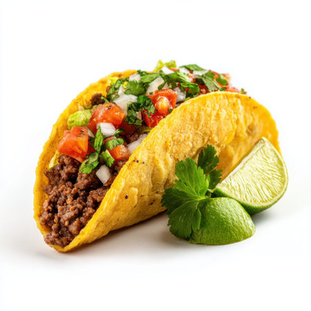 Capture the essence of culinary delight with this taco featuring savory ground beef, fresh vegetables, and a lime slice, perfect for food-related projects.の素材