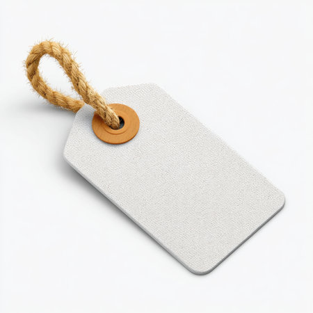 A blank fabric tag featuring a rope loop, perfect for labeling or pricing. This minimalistic tag offers a versatile option for various creative projects.の素材