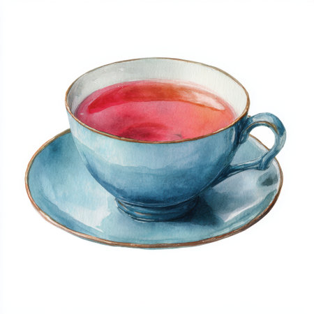 This watercolor illustration features a delicate blue tea cup filled with herbal tea on a matching saucer. Perfect for art lovers and tea enthusiasts.の素材