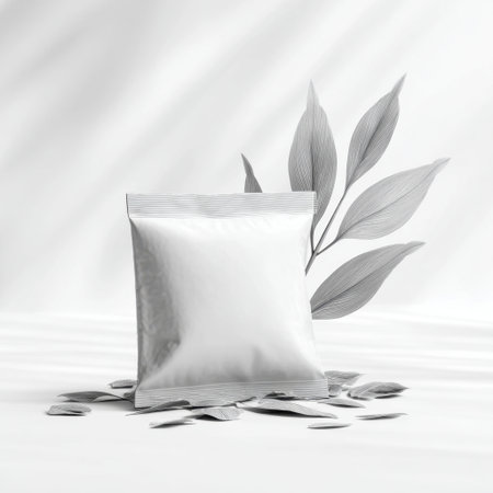 This minimalist packaging mockup features a clean, white background, accented by tropical leaves, ideal for showcasing product branding and design concepts.の素材