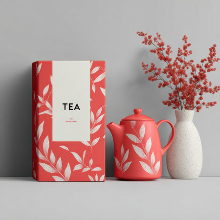 This visually striking image features elegant red tea packaging alongside a matching teapot and a lovely floral arrangement, perfect for showcasing modern tea culture.の素材