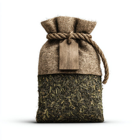 A rustic burlap bag filled with loose herbal tea leaves, showcasing a natural aesthetic perfect for health and wellness themes. Ideal for various uses.の素材